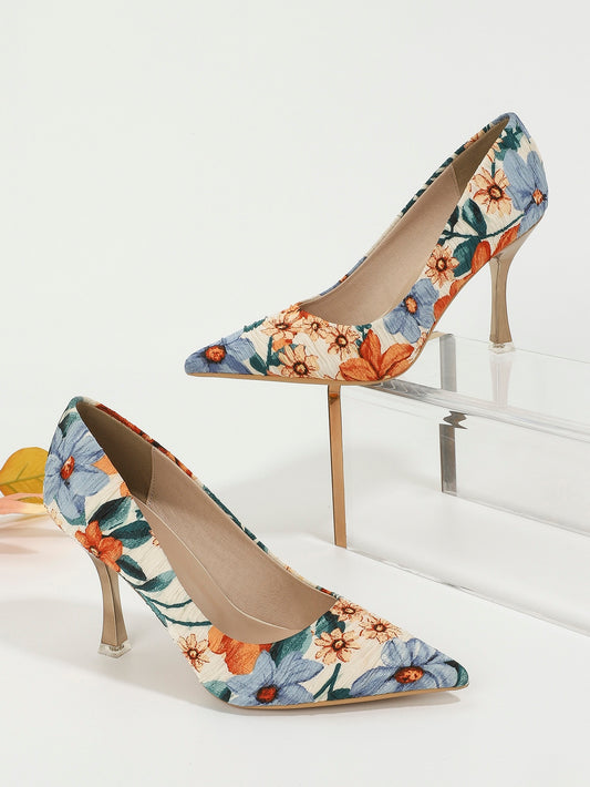 Floral Print Point Toe Stiletto Heeled Court Pumps