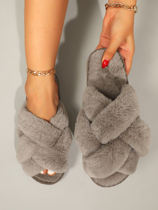 Women Grey Fluffy Cross Design Slippers, Fashionable Open Toe Slippers For Bedroom