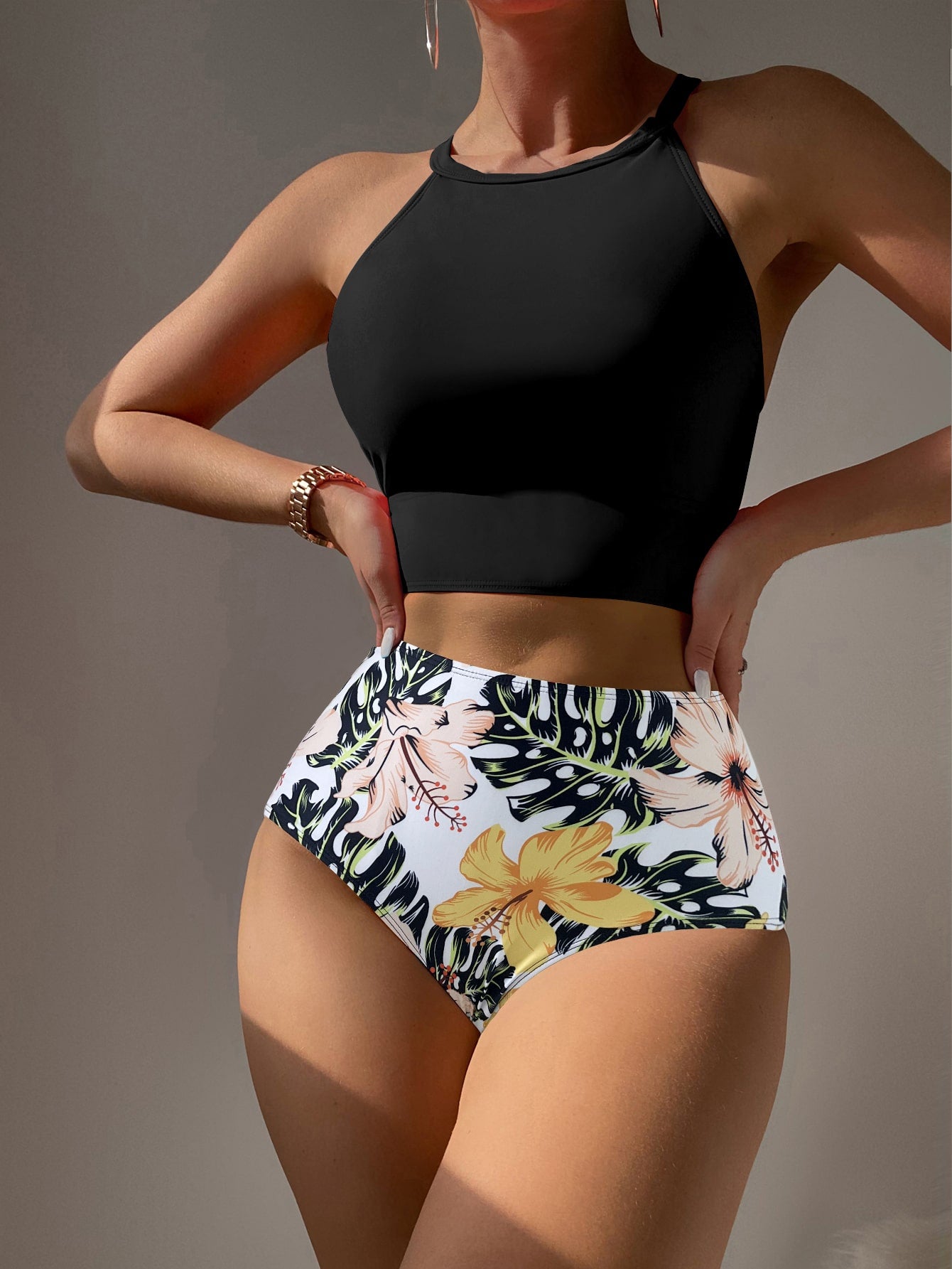 Swim Summer Beach Random Tropical Print Bikini Set Cut Out Back Halter Top & High Waist Bikini Bottom 2-Piece Swimwear