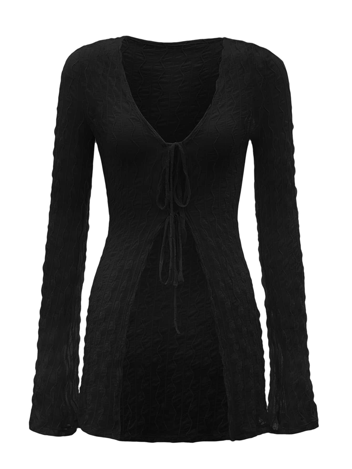 Bell Sleeve Tie Front Textured Sheer Top