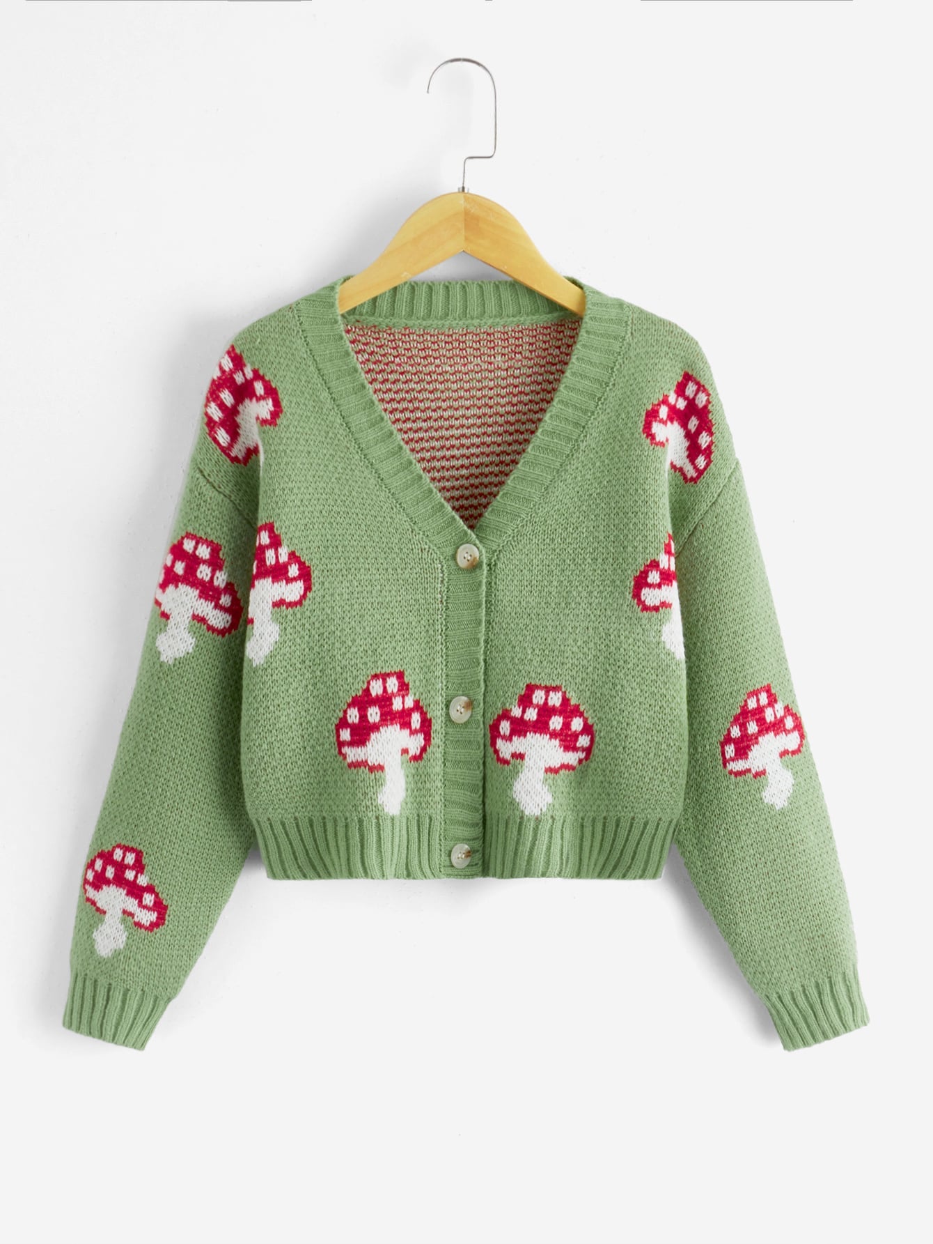 Tween Girl Mushroom Pattern Drop Shoulder Cardigan