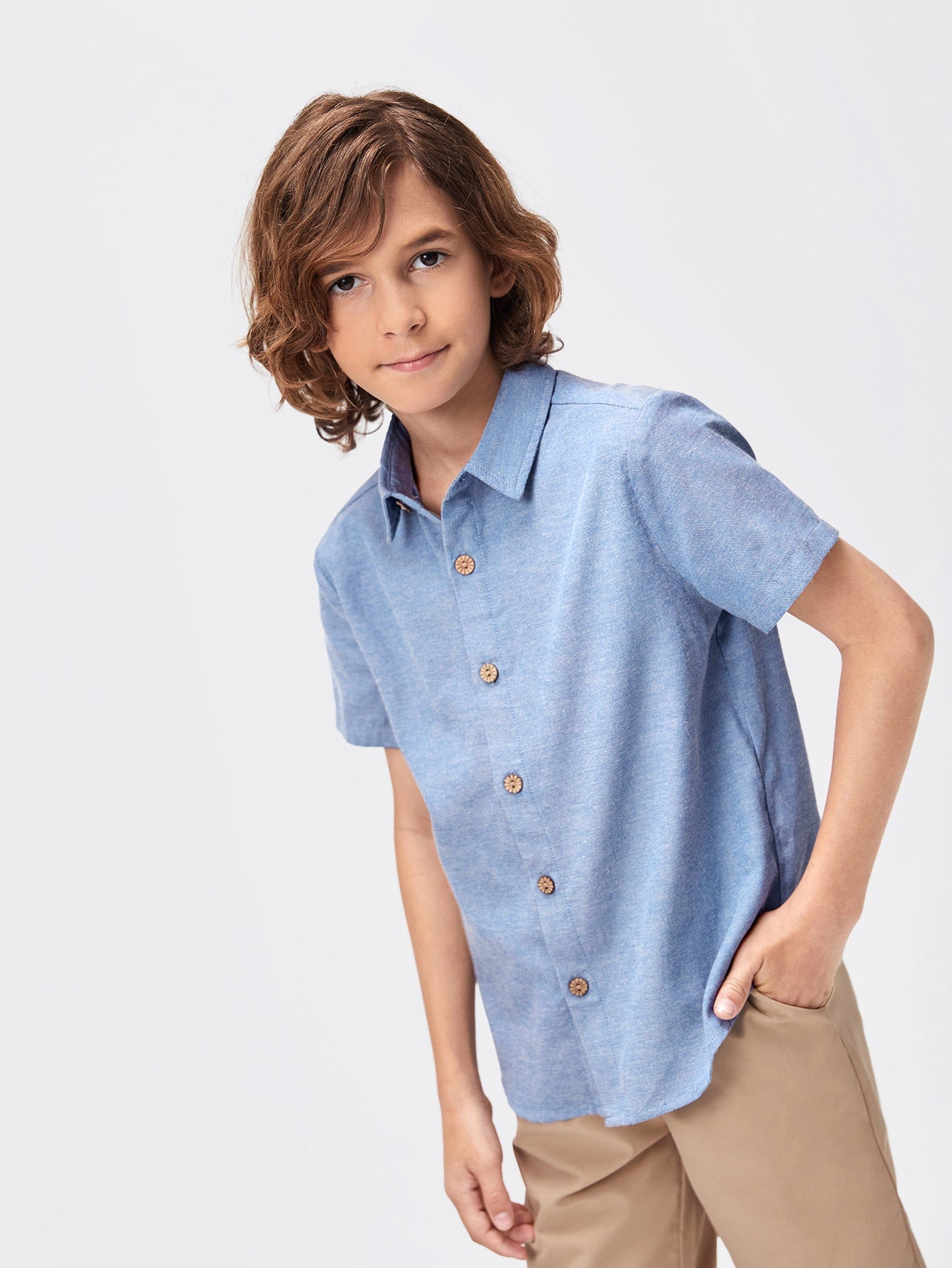 Tween Boy Solid Color Collared Button-Front Casual Shirt