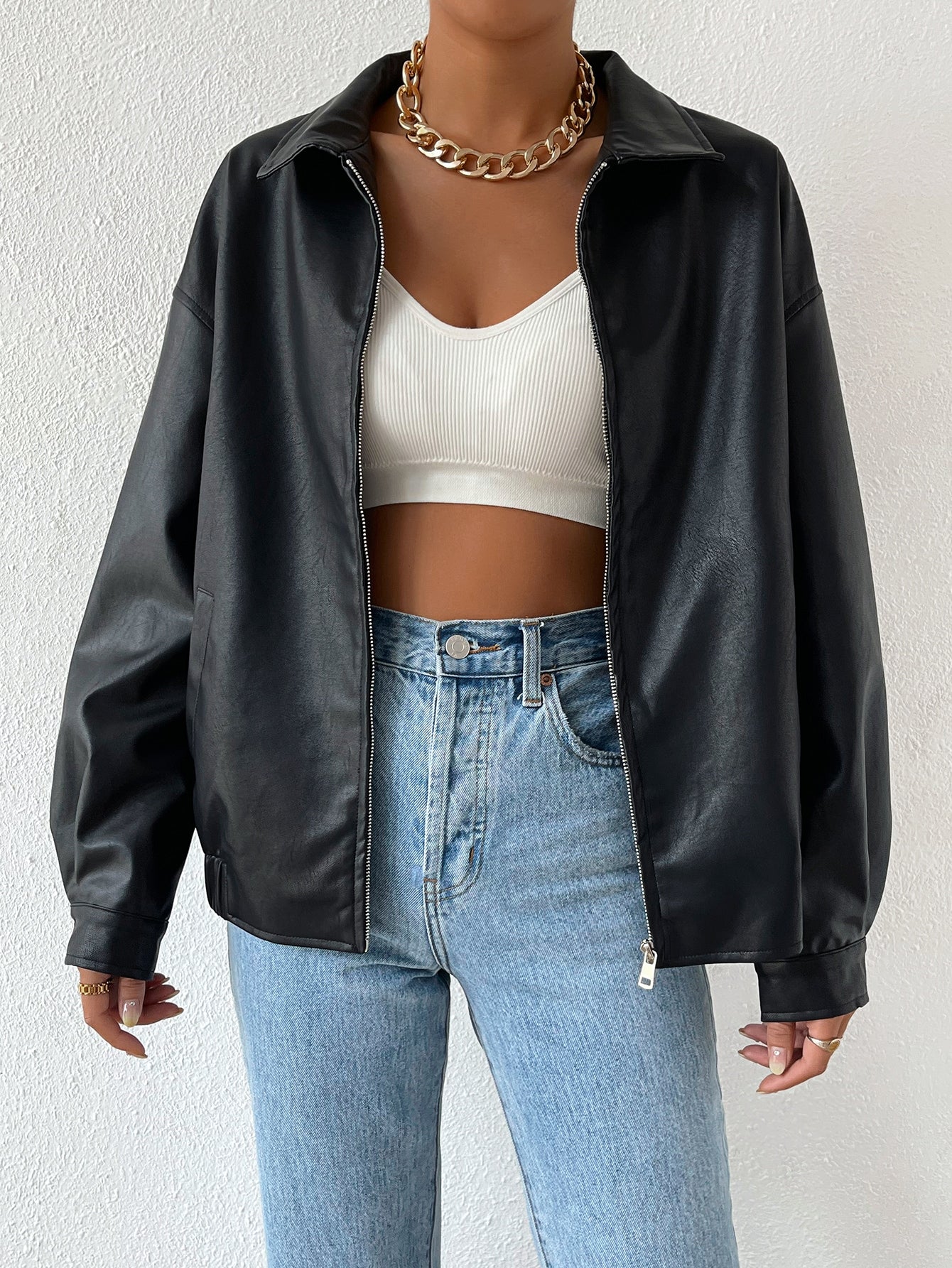 Drop Shoulder Zip Up PU Cropped Leather Jacket