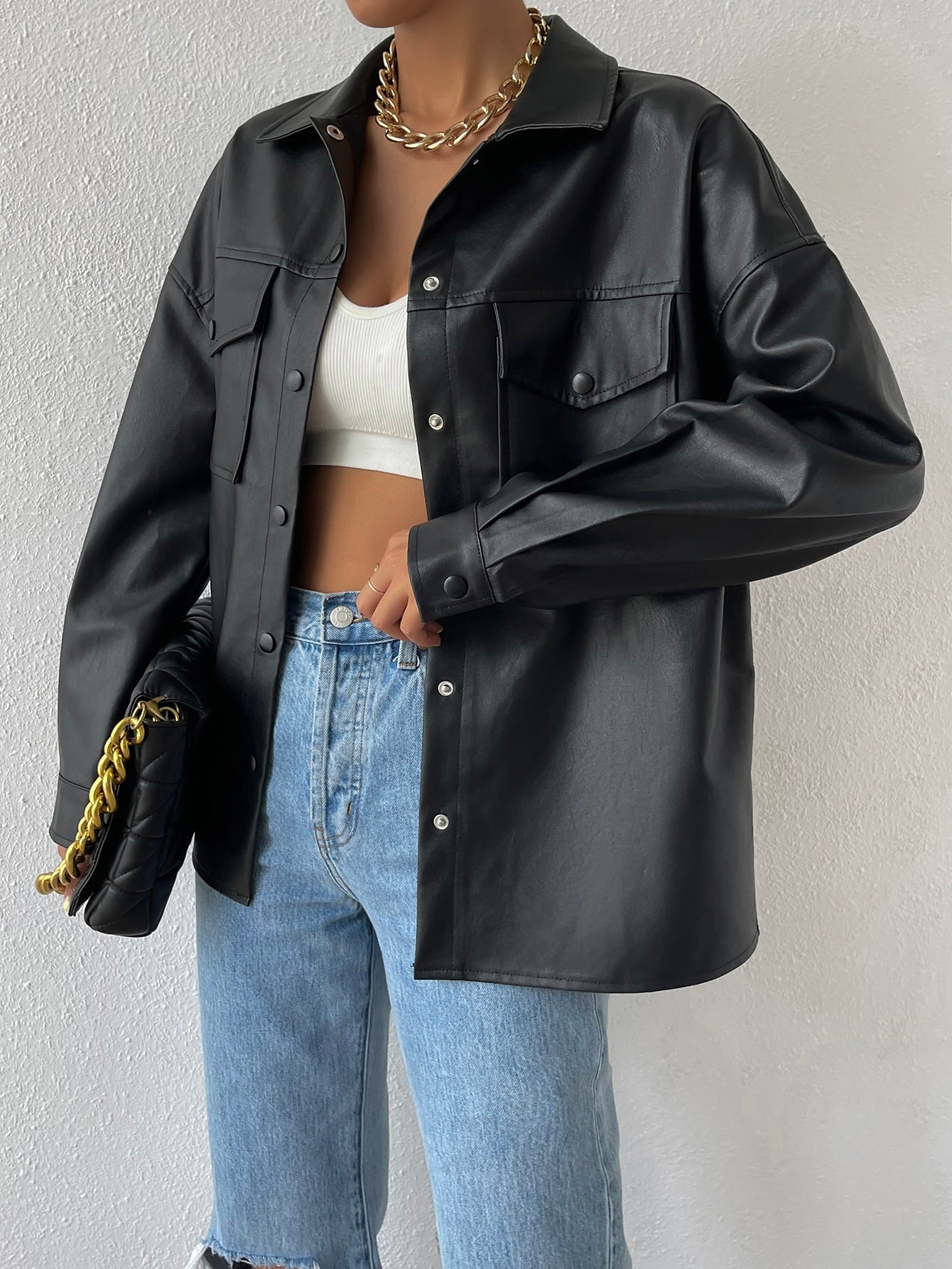 Women's Spring Fashion Faux Leather Shacket Jacket Flap Pocket Drop Shoulder Button Down Blouses Long Sleeve Shirts