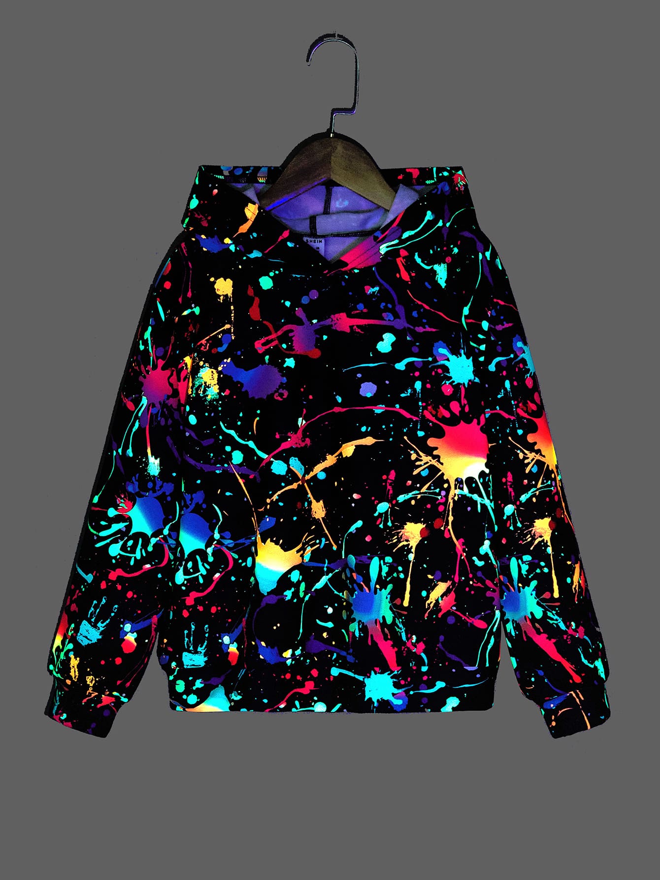 Casual Knitted Long Sleeve Hooded Sweatshirt With Reflective Splatter Pattern For Tween Boys