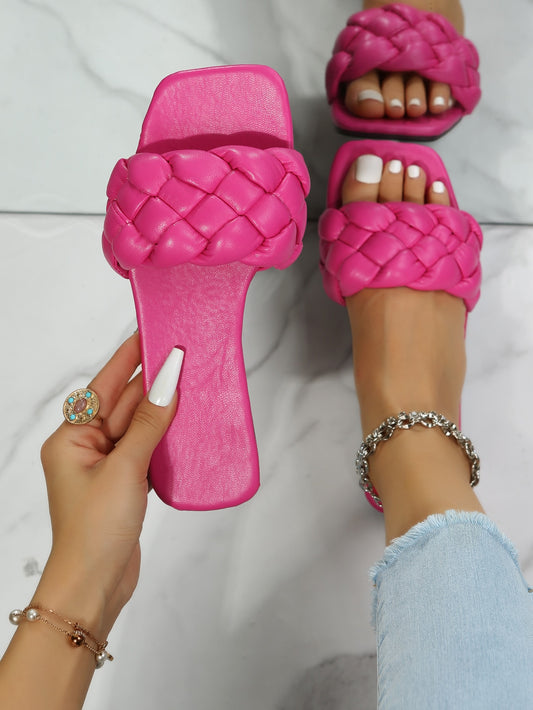 Funky Hot Pink Flat Slippers for Women, Braided Detail Plain Artificial Leather Open Toe Slide Sandals