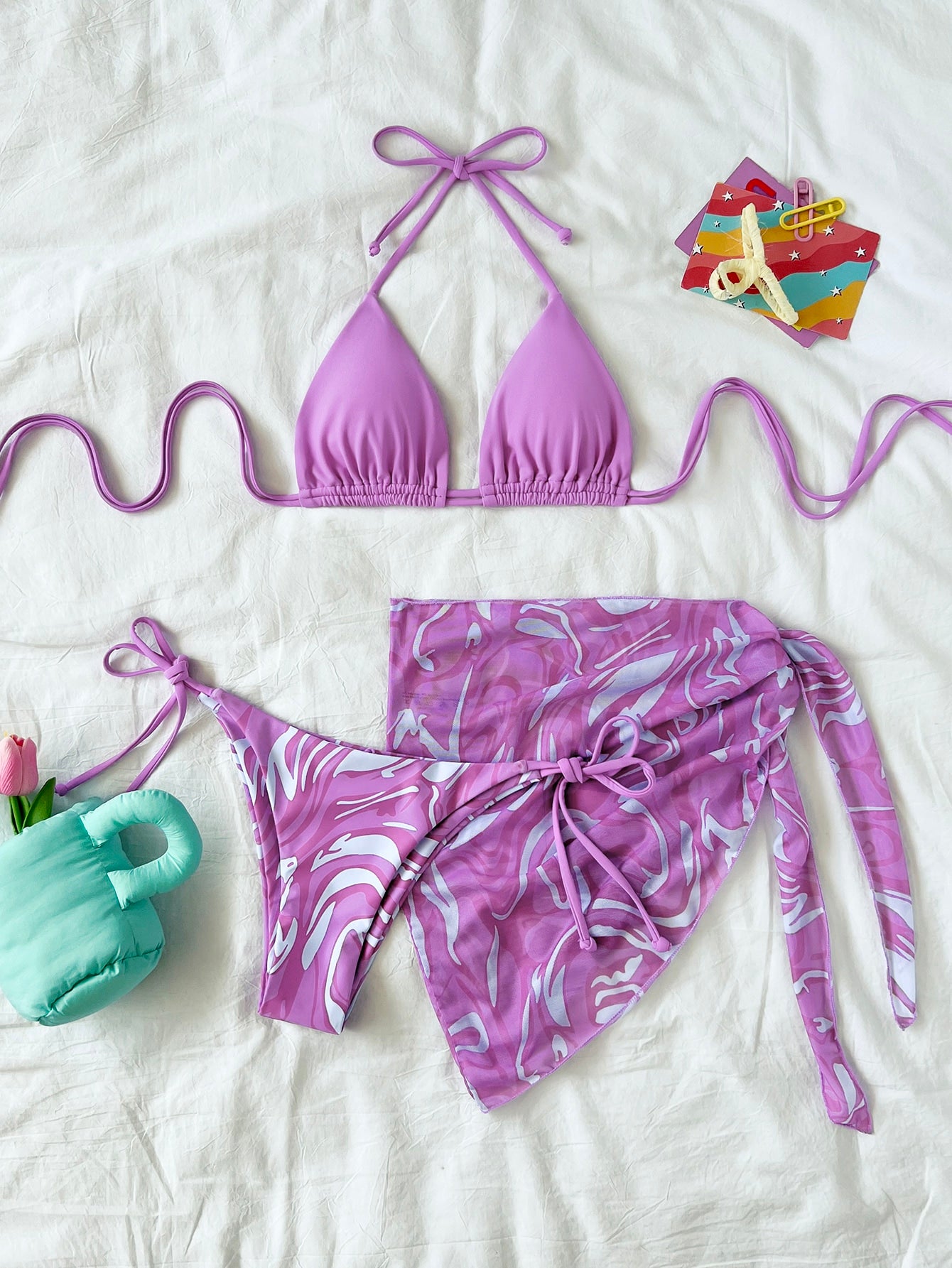 Swim Summer Beach Marble Print Mesh Bikini Set Halter Triangle Bra Top & Tie Side Bikini Bottom & Skirt 3 Pieces Bikini