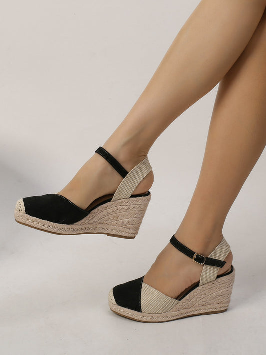 Cap Toe Ankle Strap Espadrille Linen Wedge Court Shoes