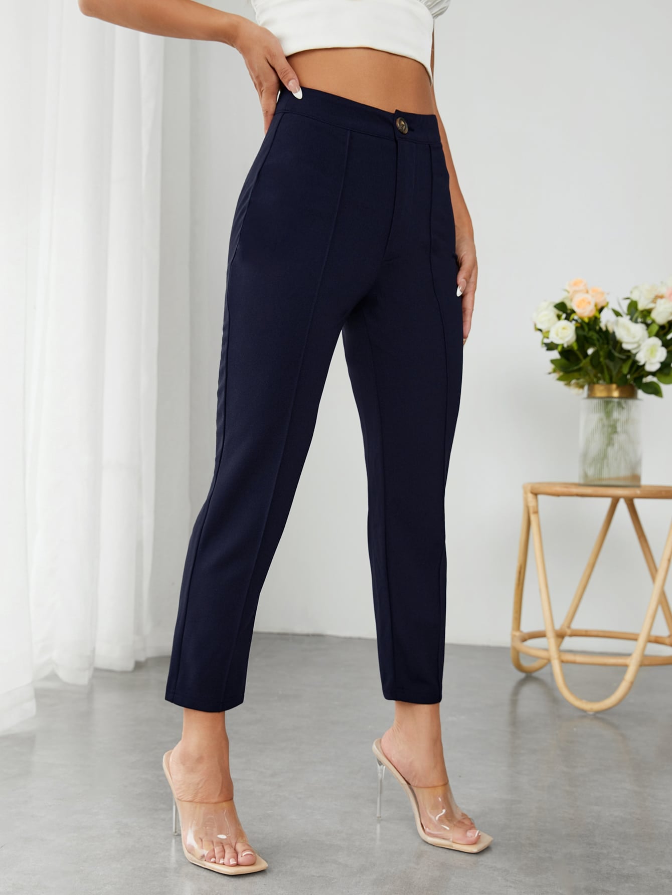 High Waist Press Crease Tapered Black Summer Pants