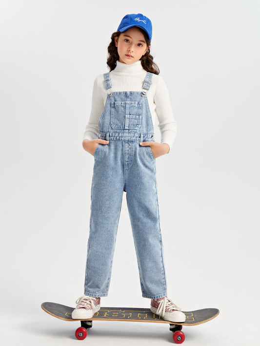 Tween Girl Patched Pocket Denim Overalls Without Sweater