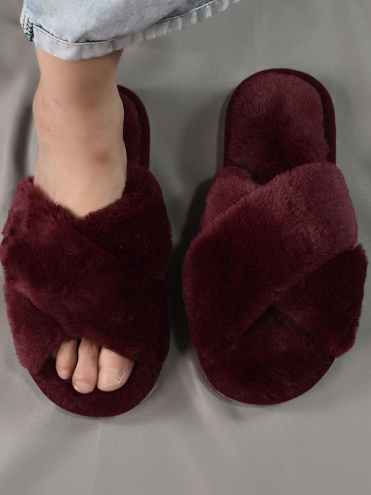 Women's Maroon College Style Solid Color Bedroom Slippers With Cross Straps And Fluffy Top