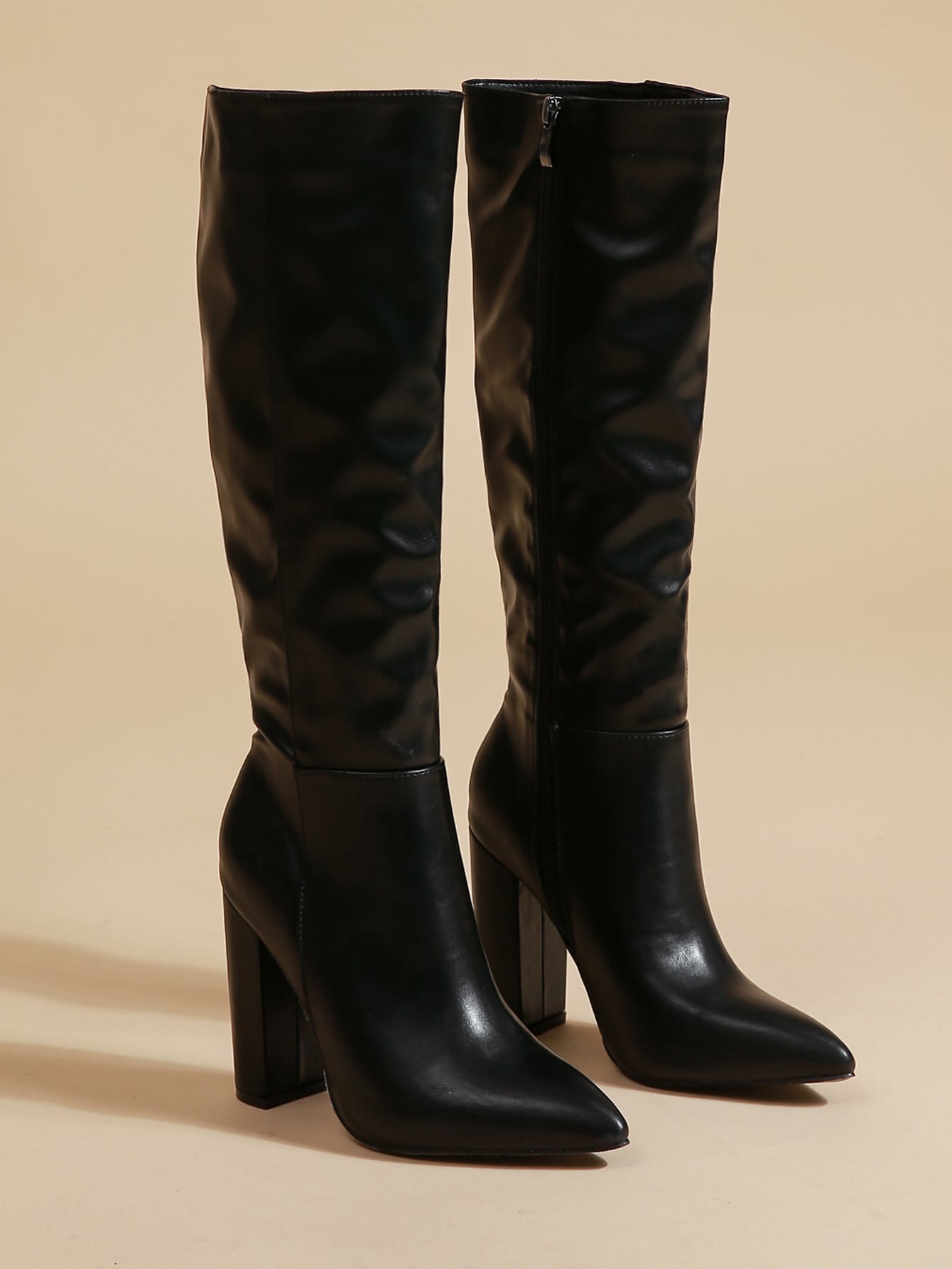 Pointed Toe Side Zipper Chunky High Heel Ruched Boots