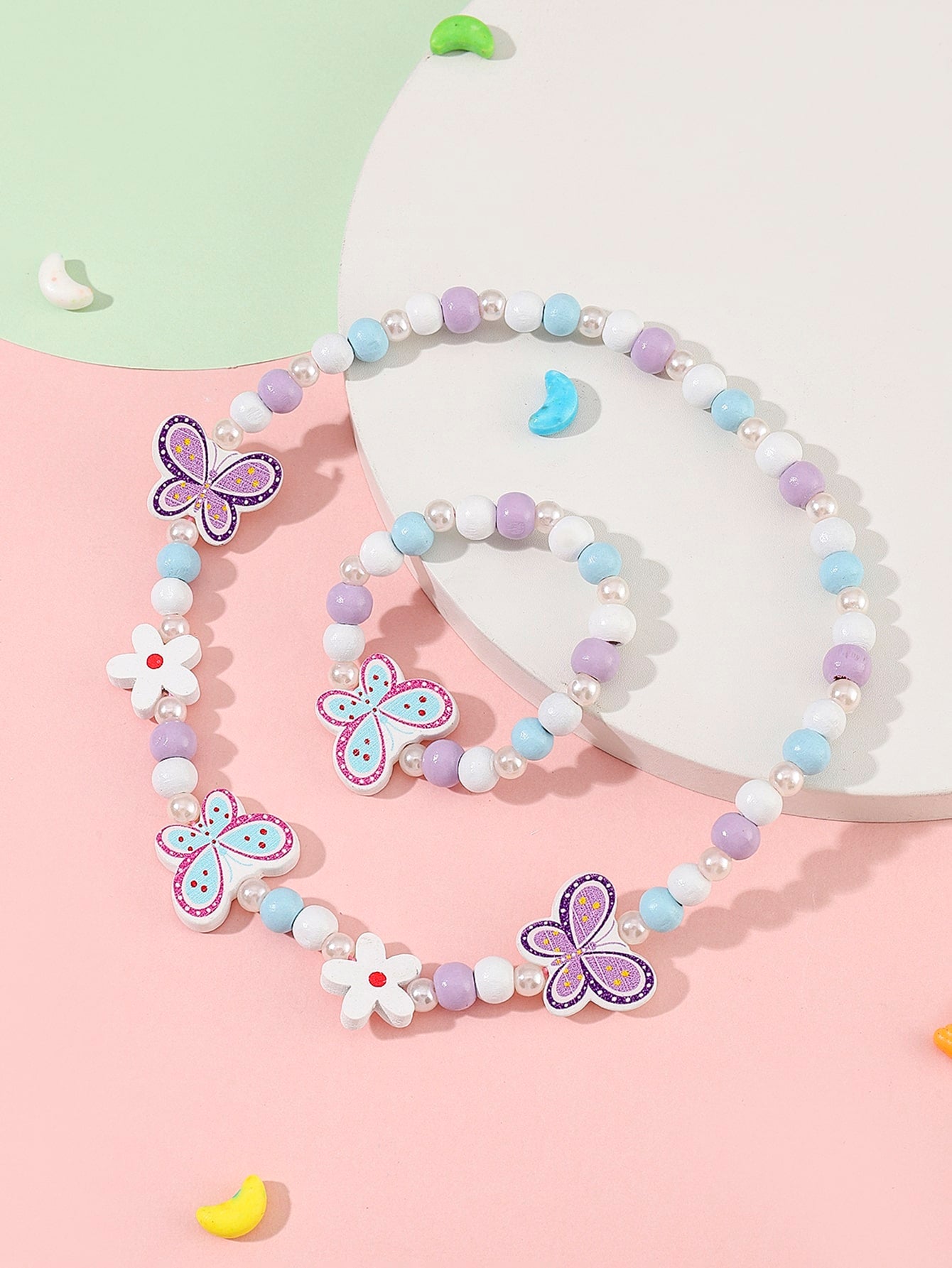 2pcs/set Children's Beaded Jewelry, Including One Colorful Necklace And One Rose Butterfly Necklace, Diy Bracelet (1pc Each)