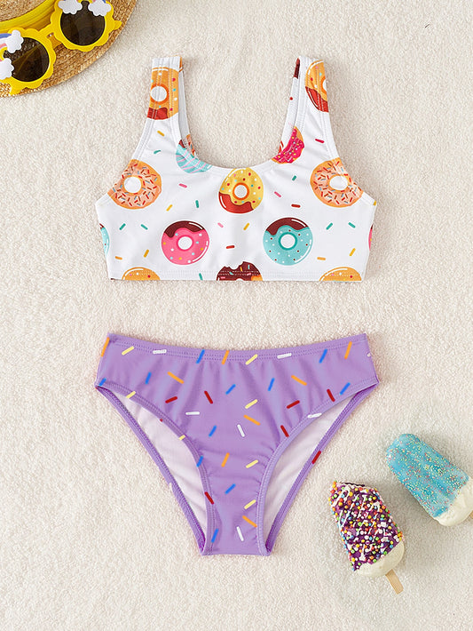 Young Girl Donuts Print Bikini Set Summer Beach