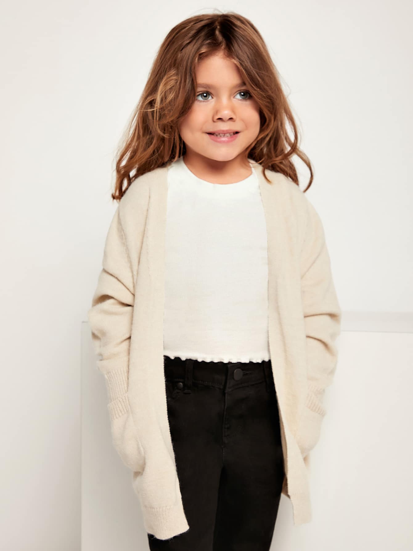 Young Girl Solid Drop Shoulder Dual Pocket Duster Cardigan