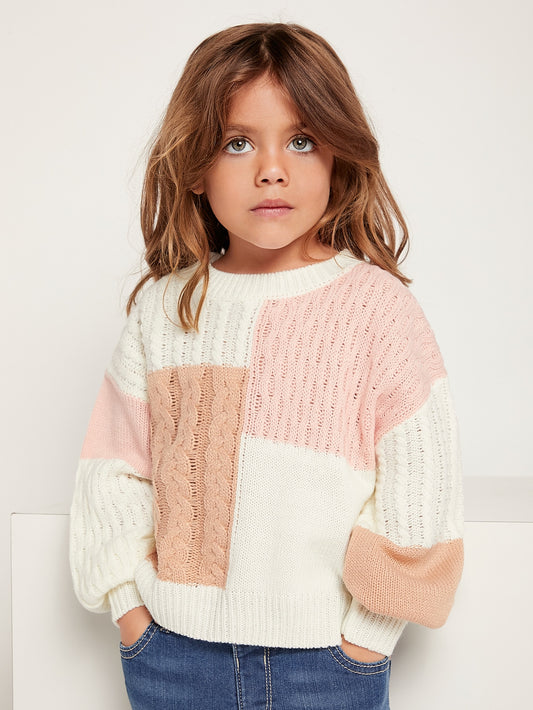 Young Girl Colorblock Cable Knit Drop Shoulder Sweater