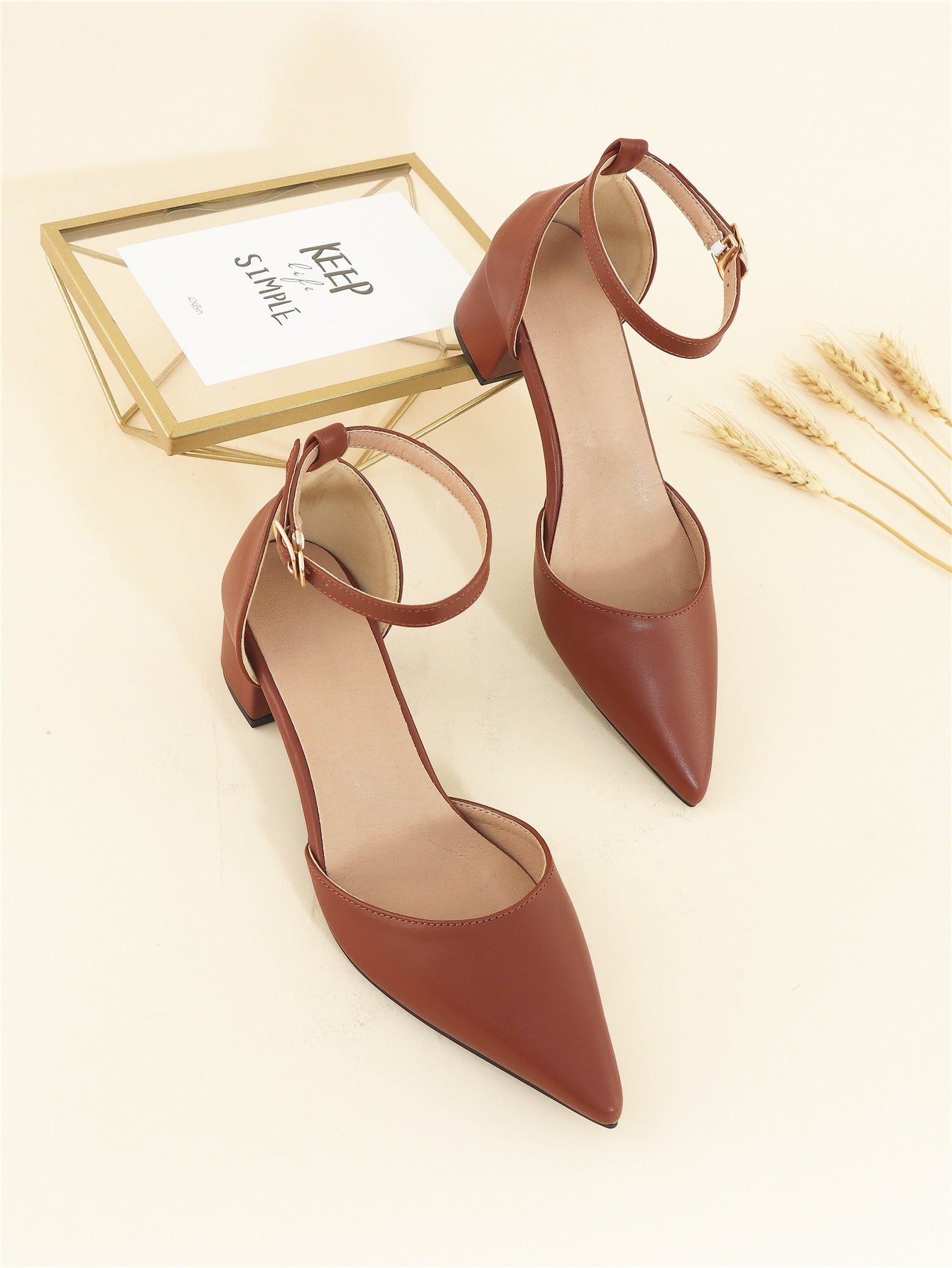 Point Toe Chunky Heeled Ankle Strap Pumps, Brown Elegant Solid Color Ankle Strap High Heel Shoes For Women