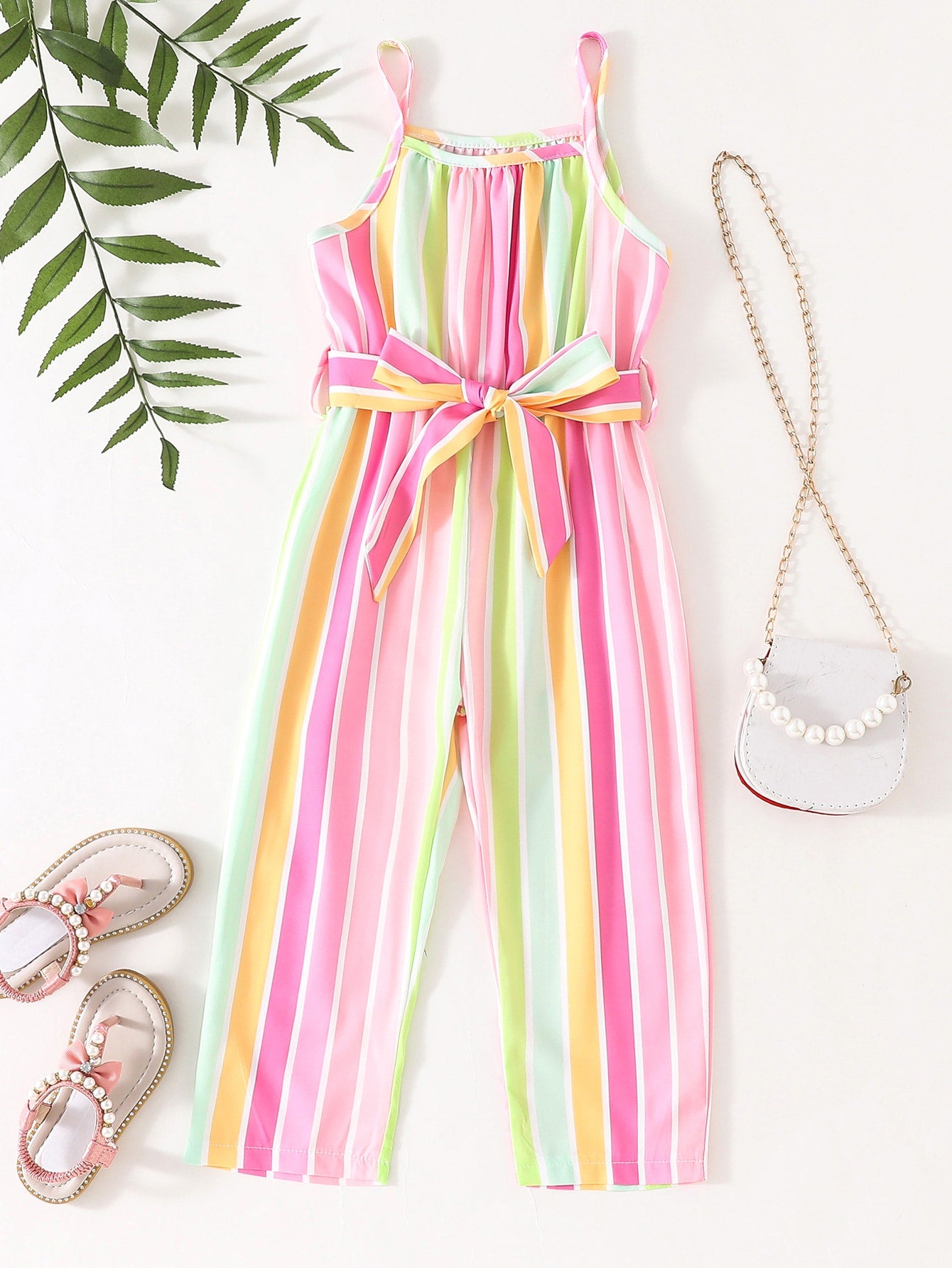 Young Girl Striped Print Belted Cami Jumpsuit