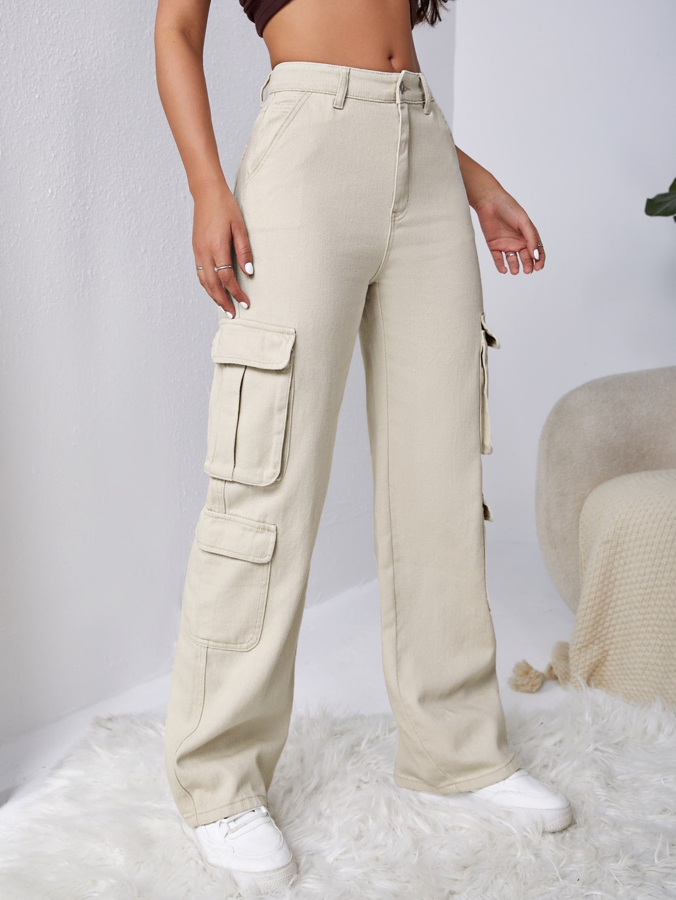 High Waisted Flap Pocket Cargo Jeans