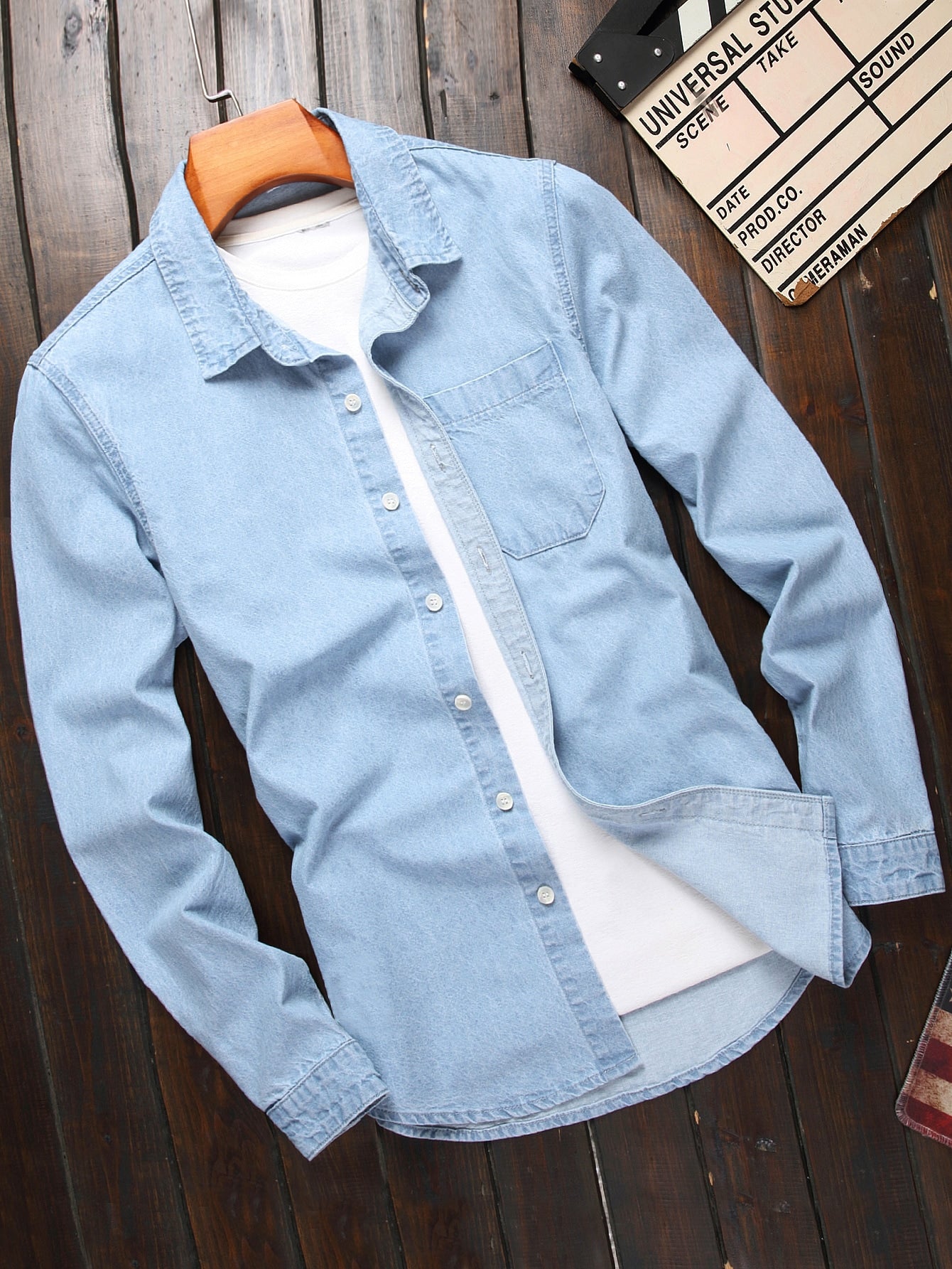 Men Cotton Patched Pocket Long Sleeve Button Up Plain Light Blue Work Denim Shirt Without Tee