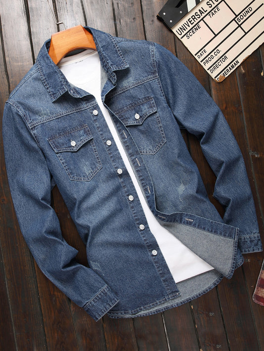 Men Cotton Flap Pocket Oversize Long Sleeve Button Up Plain Blue Denim Shirt Without Tee, For Going Out