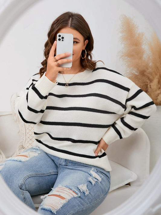 Plus Striped Pattern Drop Shoulder Sweater