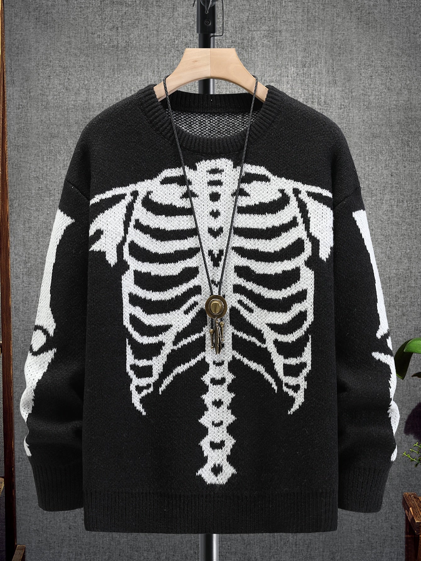 Men's Casual Color Block Skull Pattern Sweater, Autumn/Winter Halloween Halloween  Halloween Sweater