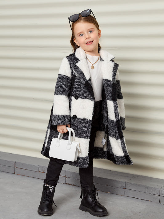 Young Girl Buffalo Plaid Pattern Lapel Neck Teddy Coat