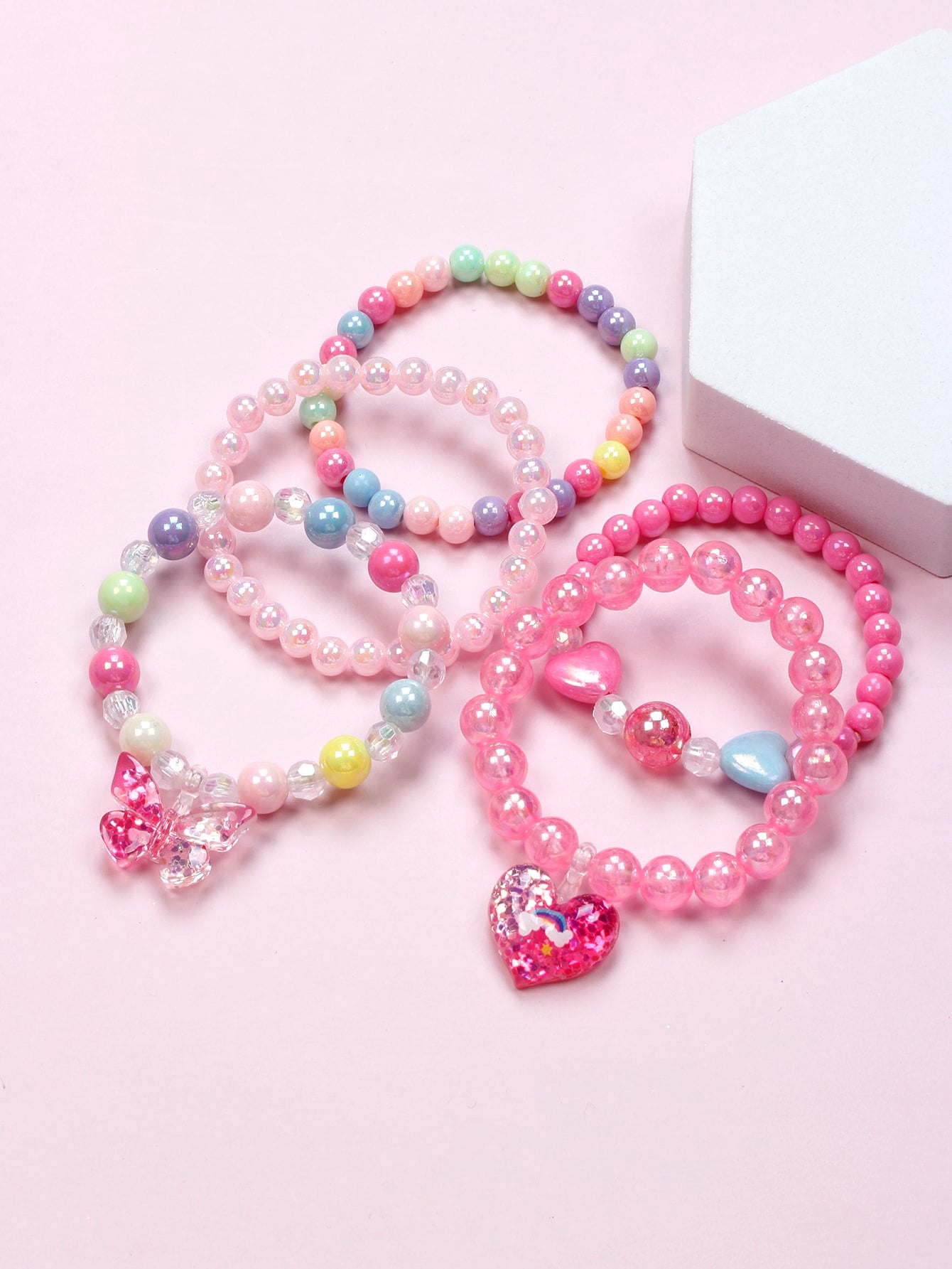 5pcs Girls' Butterfly & Heart Shaped Charm Beaded Bracelet With Pendant Jewelry Set, Random Color