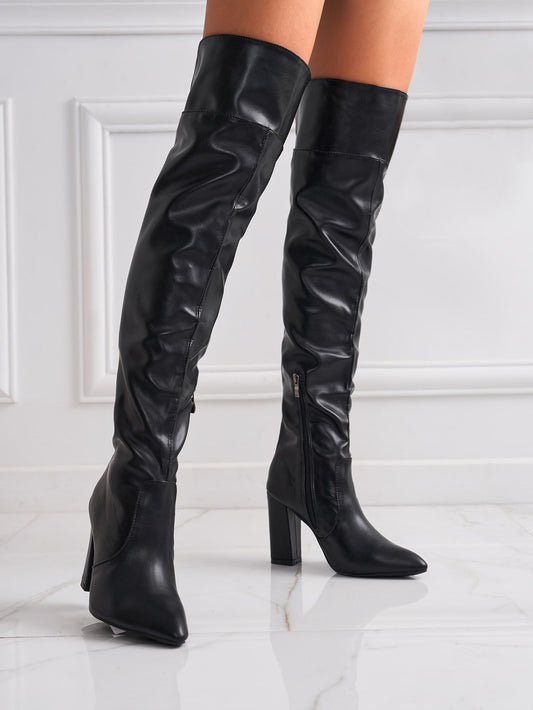 Zipper Side Point Toe Chunky Heeled Slouchy Boots, Women's Fashionable Black Solid Color High Heel Elastic Boots