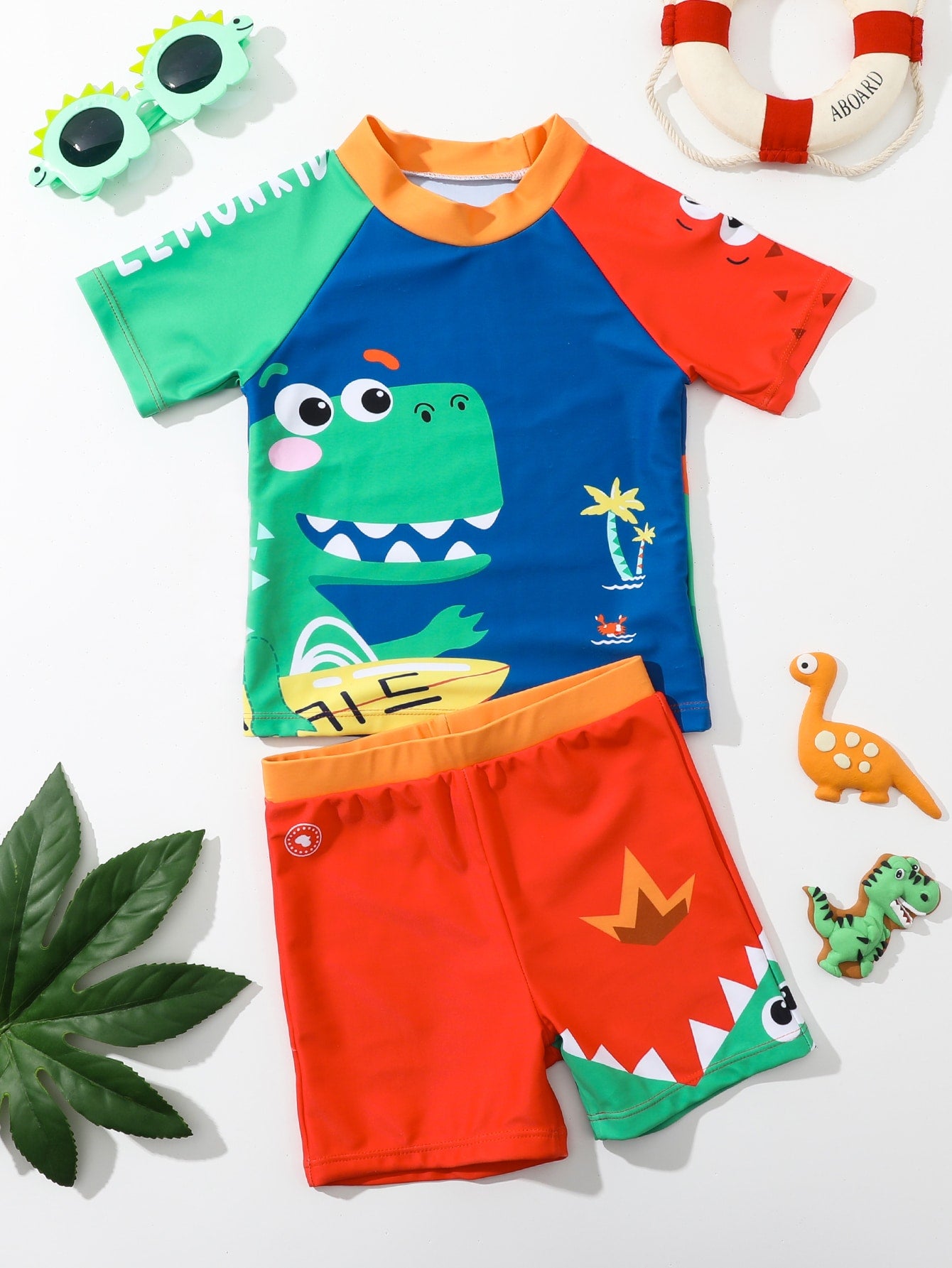 Young Boy Cartoon Dinosaur Print Beach Swimsuit