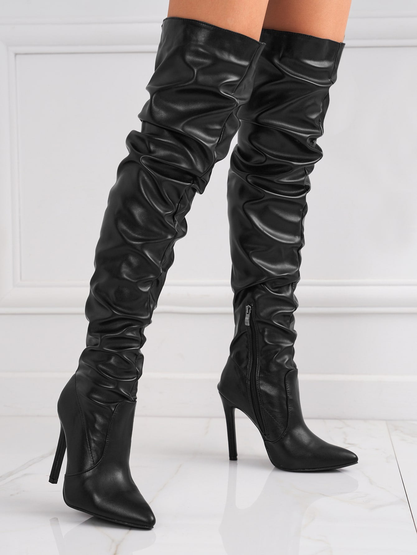 Zipper Side Point Toe Stiletto Heeled Slouchy Boots, Women's High Heeled Black Solid Color Ruffled Boots