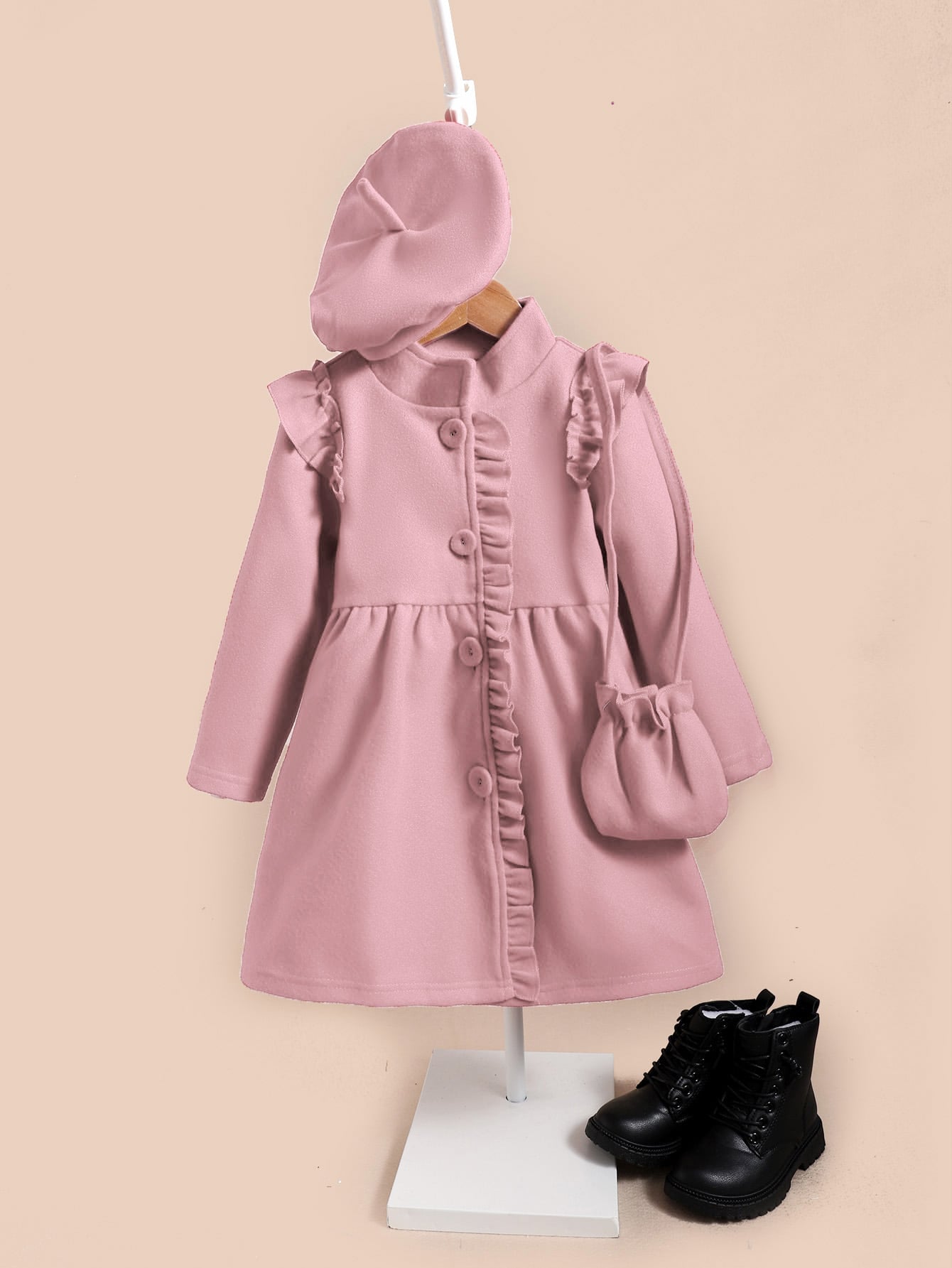 Young Girl Ruffle Trim Tweed Overcoat & Bag & Hat