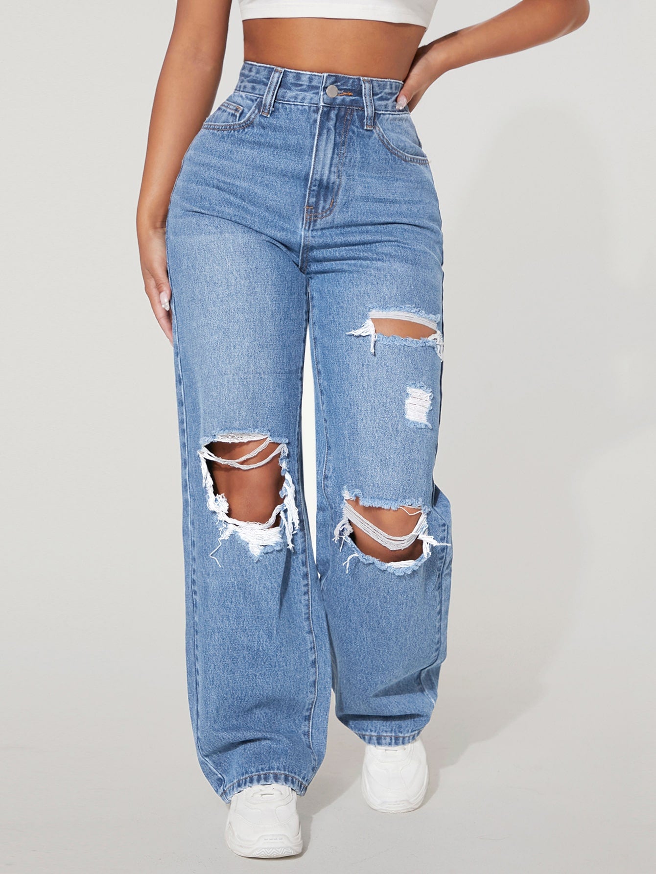 High Waist Ripped Straight Leg Jeans