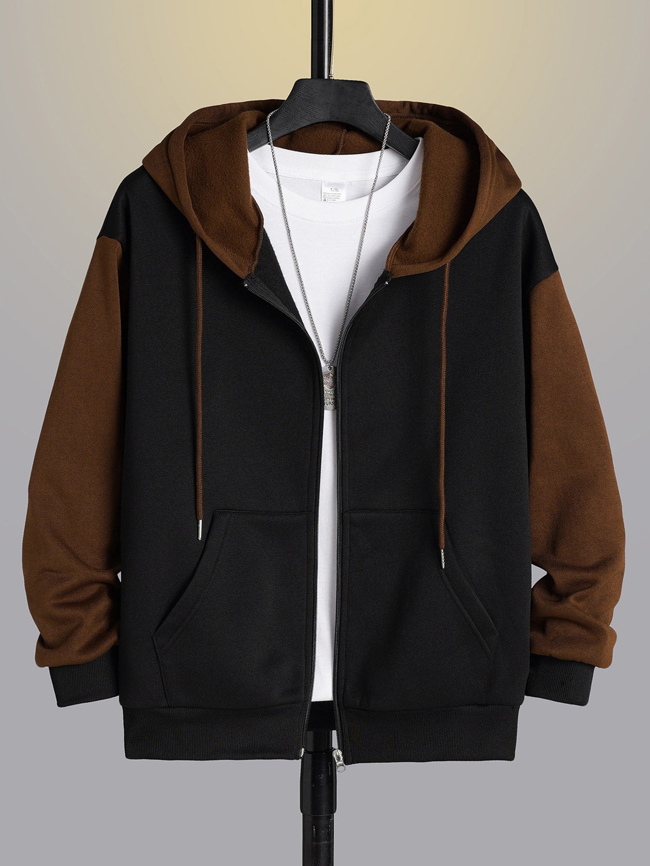 Men Colorblock Zip Up Thermal Lined Drawstring Hoodie Without Tee