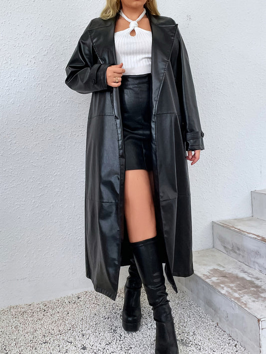 Plus Lapel Collar Belted PU Leather Trench Coat