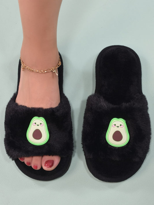 Women's Black Slide Slippers With College Decals, Fruit Decorations And Fuzzy Finish