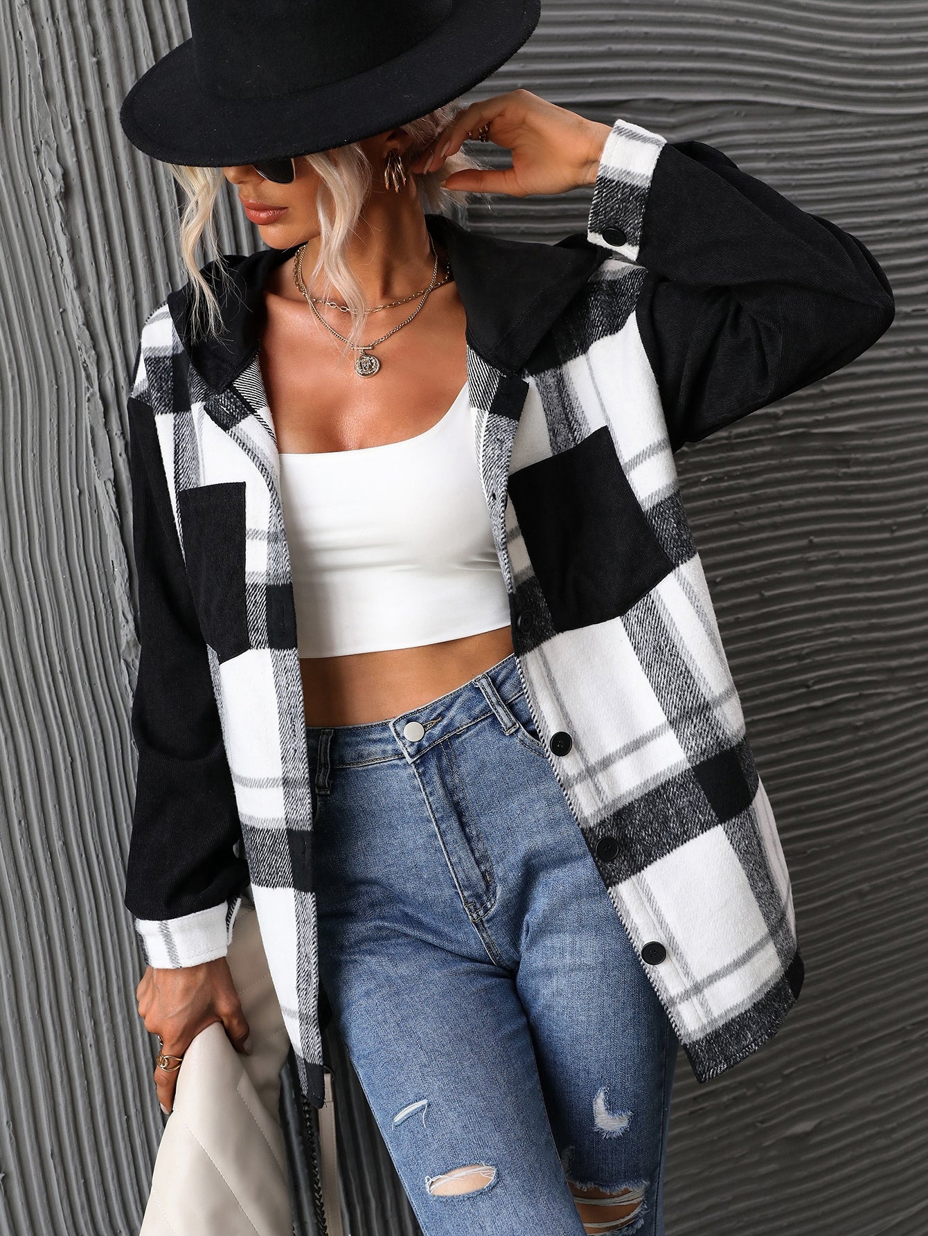 Plaid Print Drop Shoulder Hooded Coat