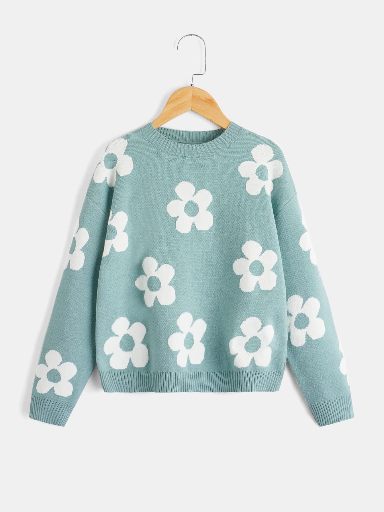 Tween Girl Floral Pattern Round Neck Drop Shoulder Long Sleeve Casual Sweater, Autumn/Winter