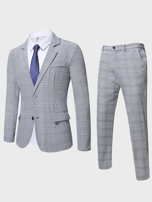 Men 1pc Plaid Lapel Collar Blazer & 1pc Suit Pants