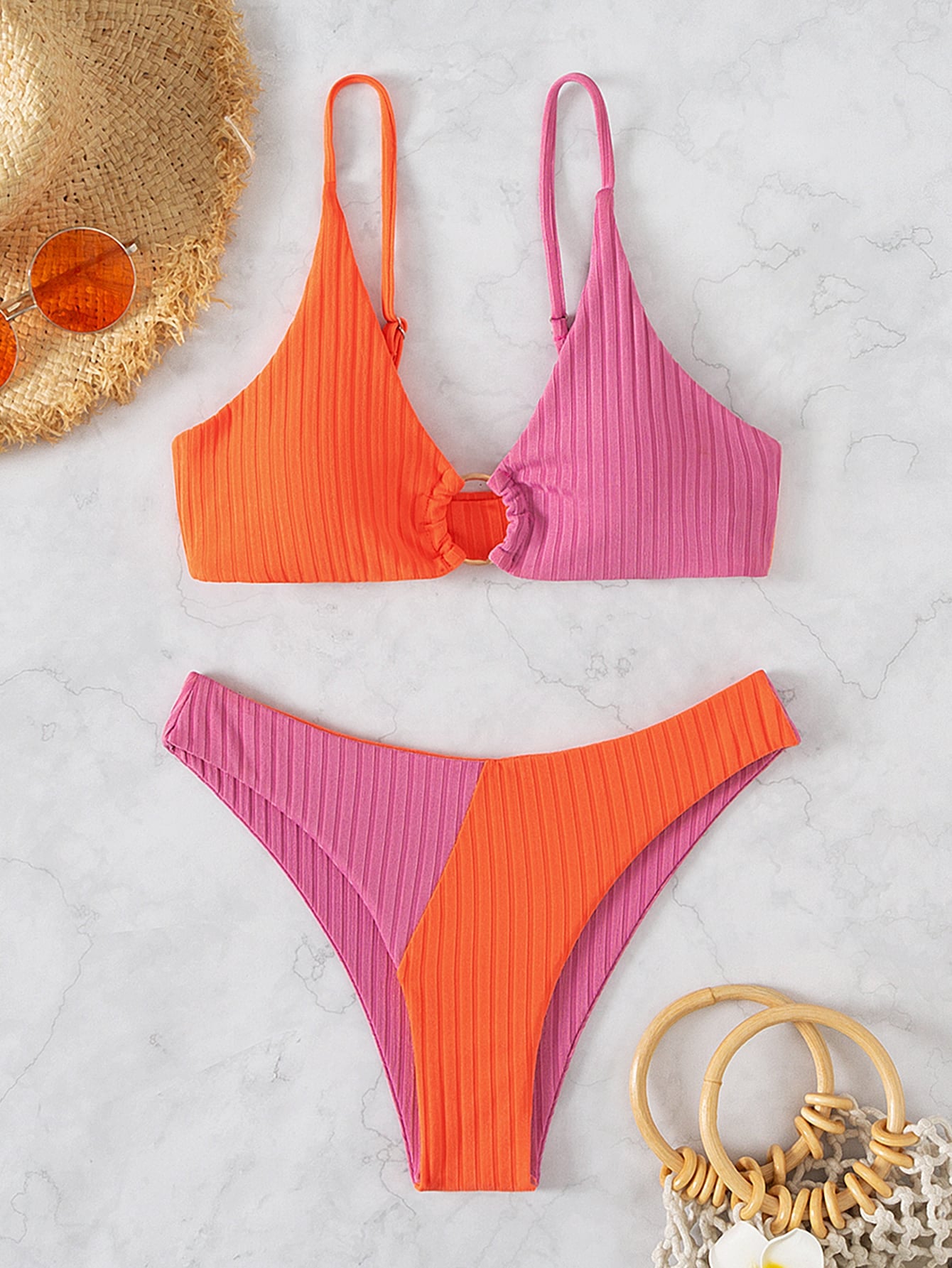 Swim Summer Beach Colorblock Textured Ring Linked Bikini