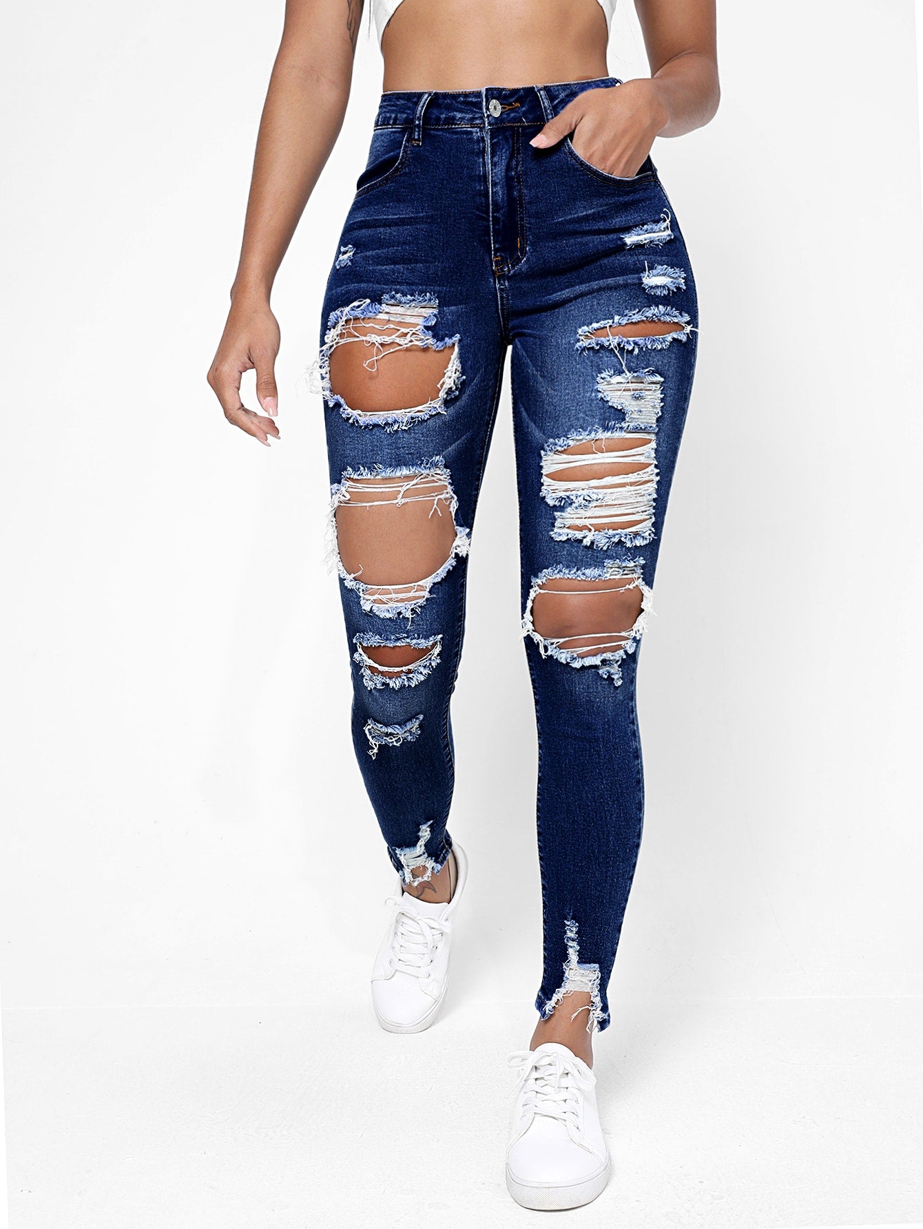 Cut Out Ripped Raw Hem Skinny Jeans