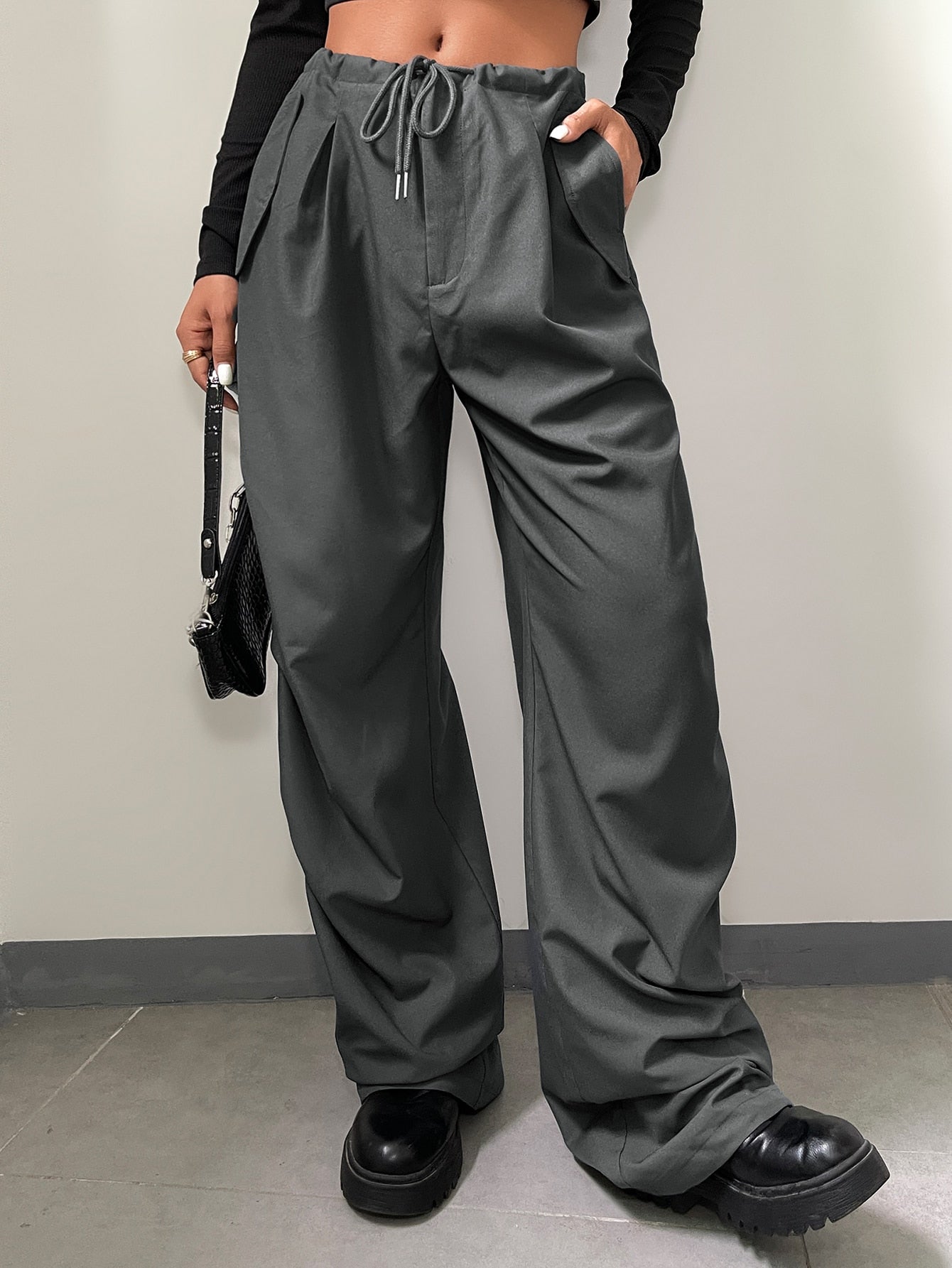 Solid Drawstring Waist Parachute Pants