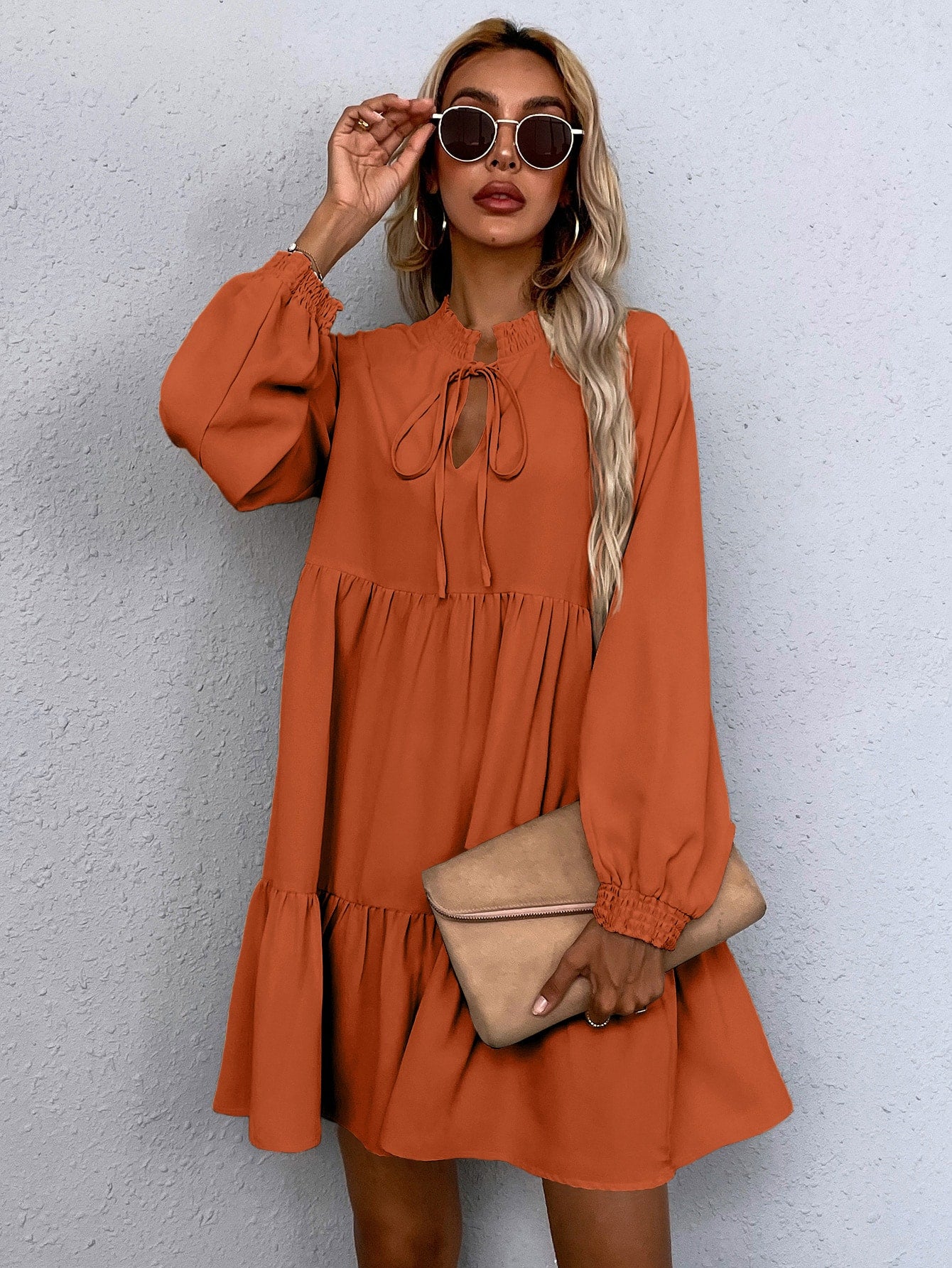 Tie Neck Lantern Sleeve Smock Dress