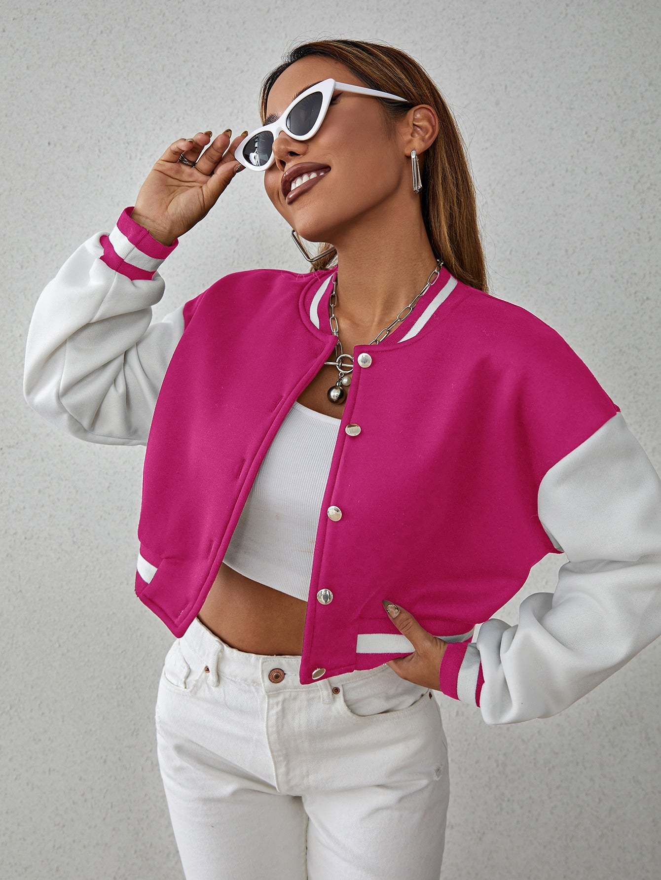 X Virginia & ZeFelipe Drop Shoulder Two Tone Crop Bomber Jacket