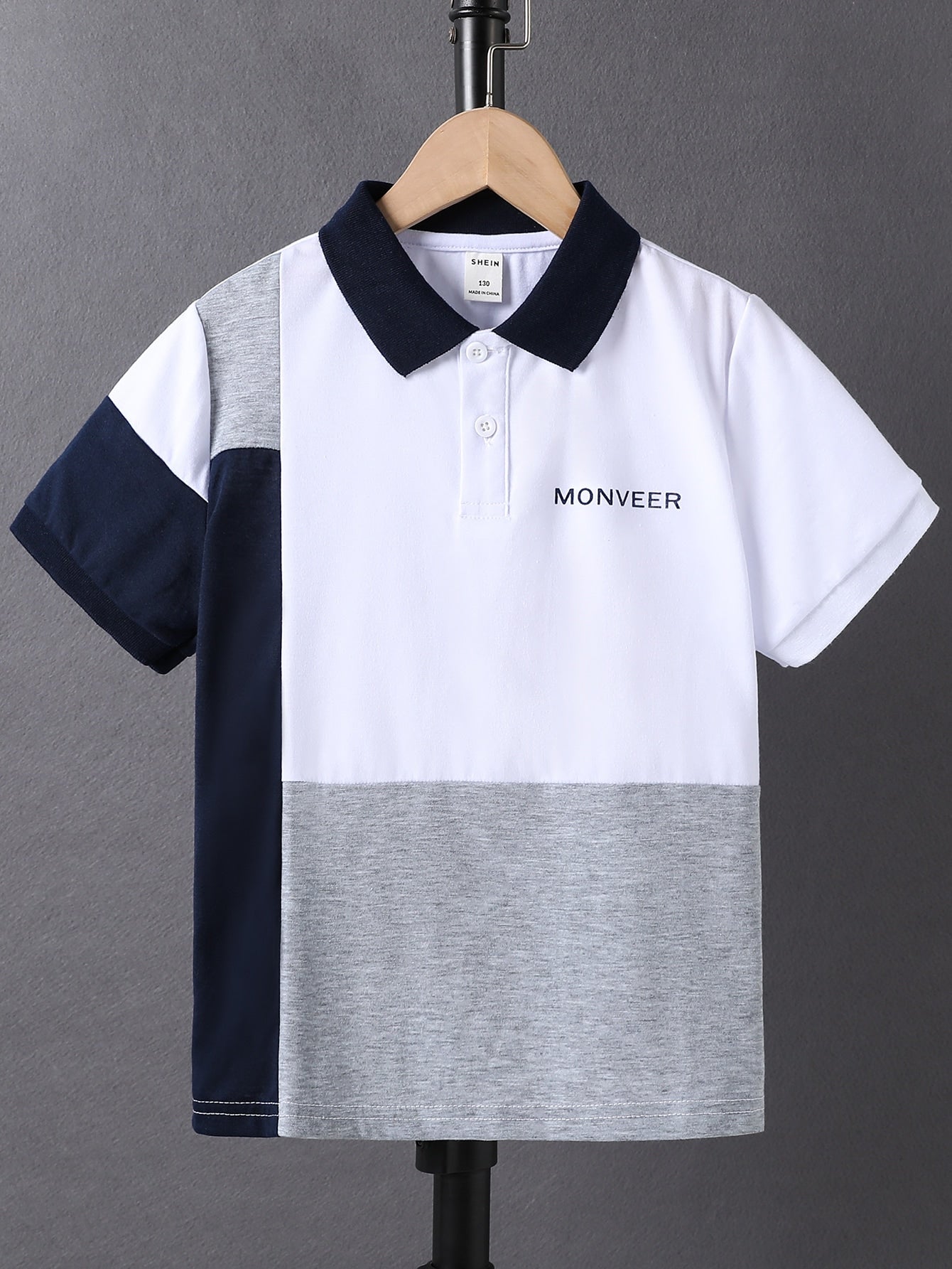 Tween Boy Polo Shirt With Blue And White Patchwork, Fashionable Turn-Down Collar And Printed Short Sleeves