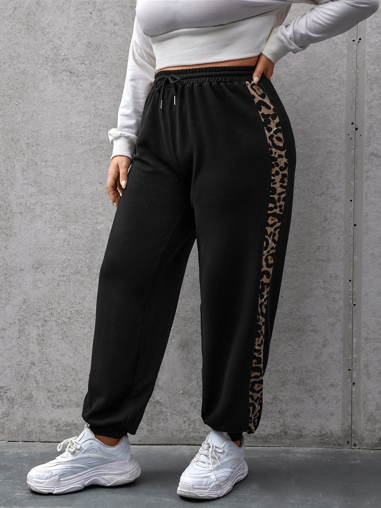 Plus Contrast Leopard Drawstring Waist Sweatpants