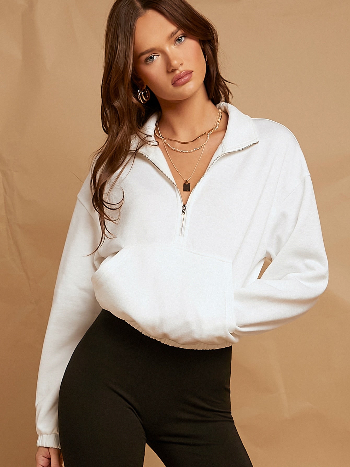 Spring Outfits White Drop Shoulder Zip Half Placket Crop Sweatshirt