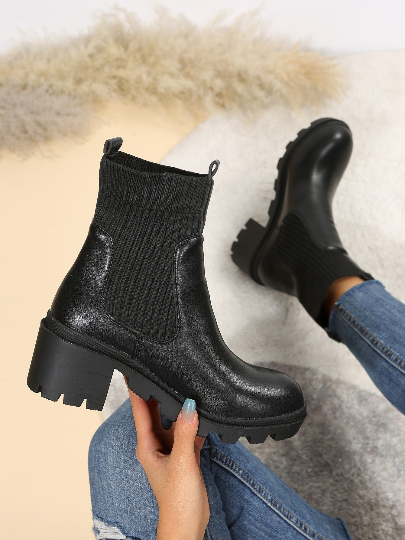 Punk Style Black Chelsea Boots, Minimalist Slip-on Thick Bottom Sock Boots