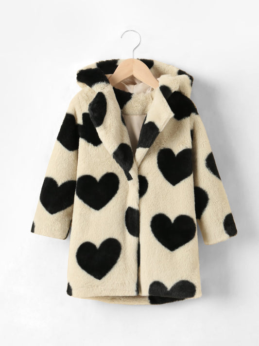 Young Girl Heart Pattern Hooded Teddy Coat